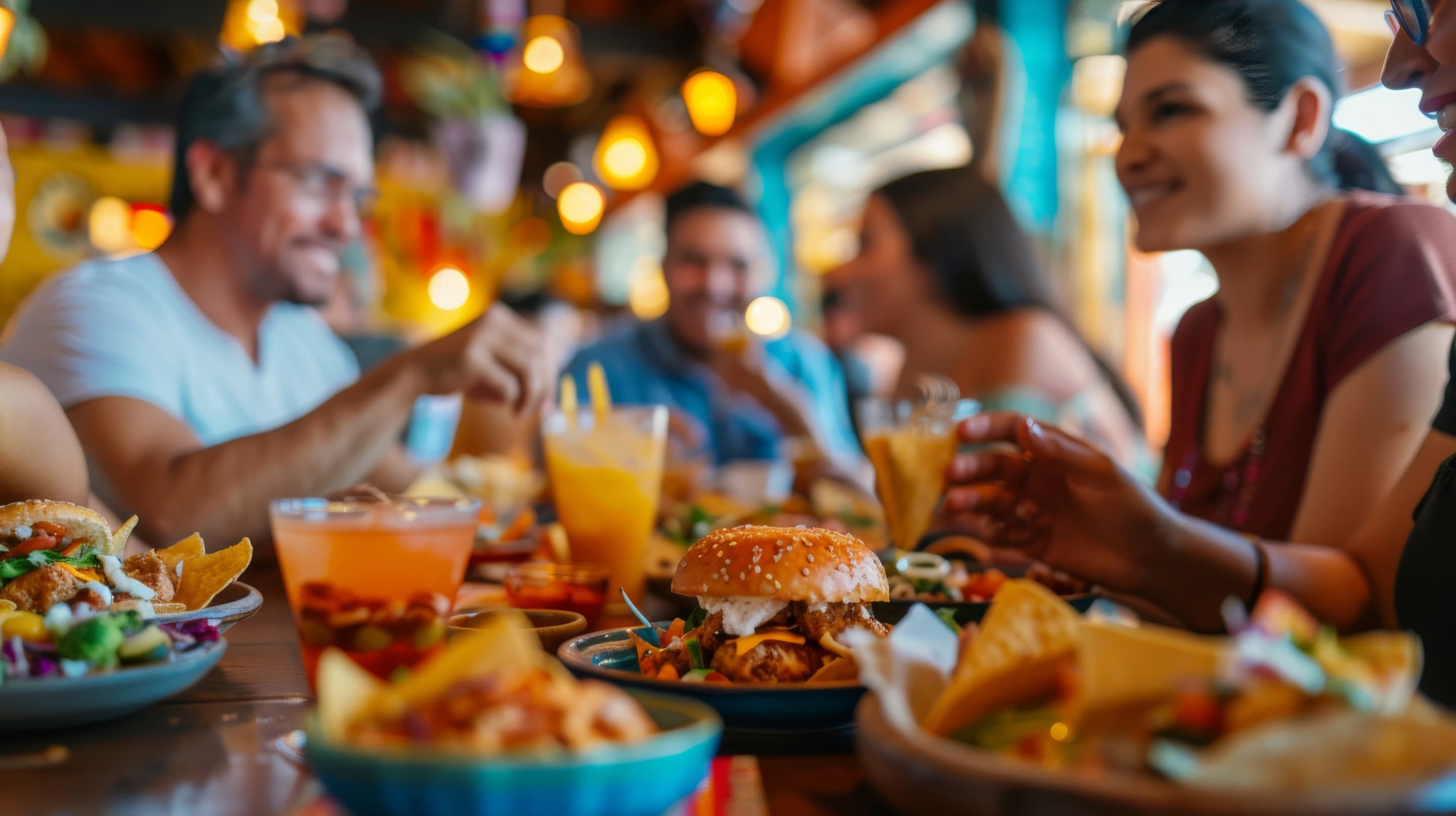 A group of people sits at a table in a restaurant, enjoying burgers, tacos, salads, and drinks in a lively, colorful setting.